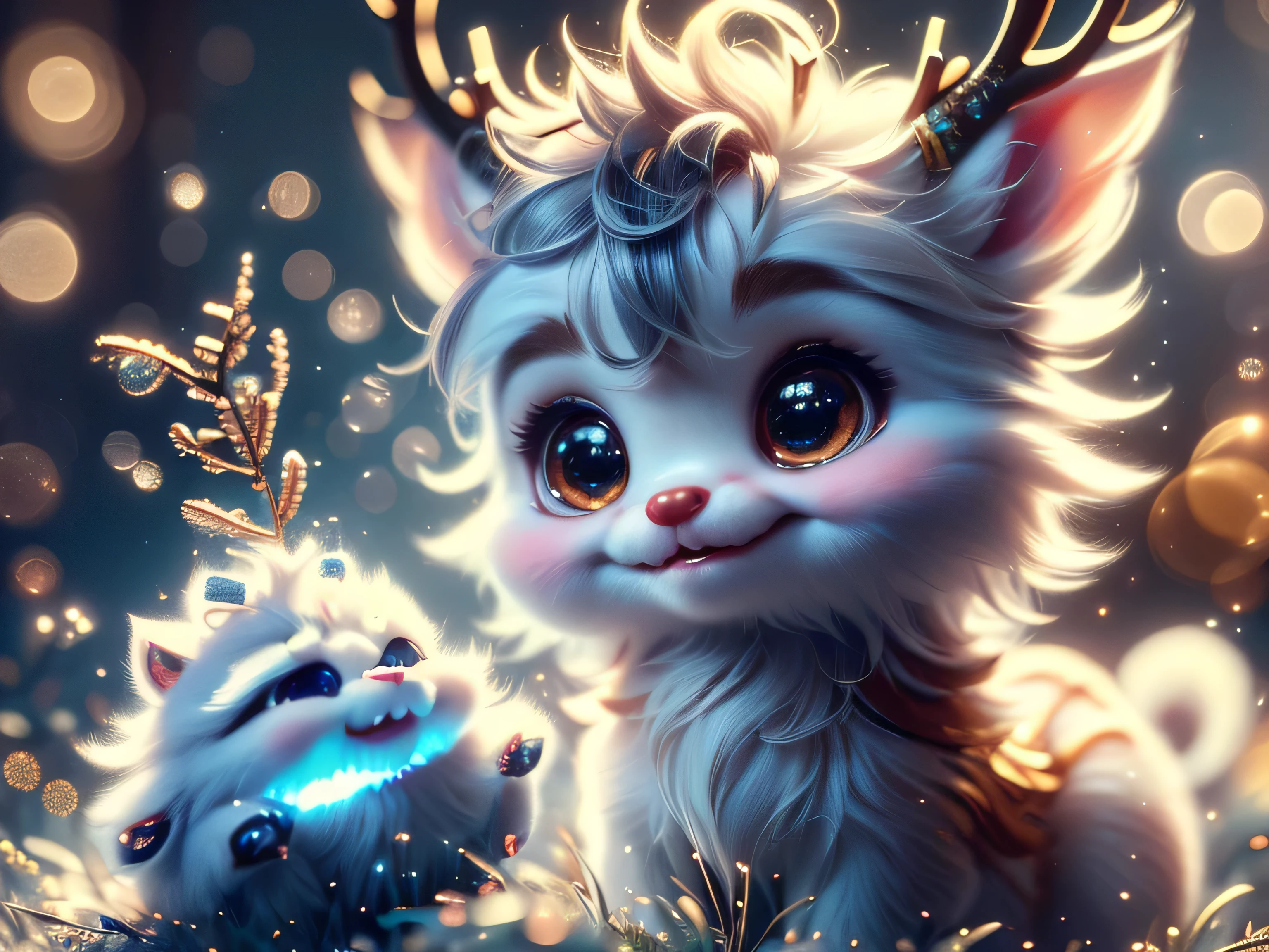 Magical Fantasy Creature, (Best Quality, Masterpiece, Representative Work, Official Art, Professional, Super Detailed, 8k:1.3), (Photorealism:1.2) Super Cute, Big Eyes, Soft, Soft Nose, Fluffy, Double-Toothed Smile, Aurorastyle, Highly detailed Dynamic shot of majestic adorable  reindeer, high quality, beautiful masterpiece, fantasy creature, kawaii, digital art, glowing sparkles, Realistic, Beautiful, Stars in Eyes, Soft Volumetric Light, (Backlight:1.3), (Cinematic:1.2), Intricate Details, (ArtStation:1.3), --auto --s2