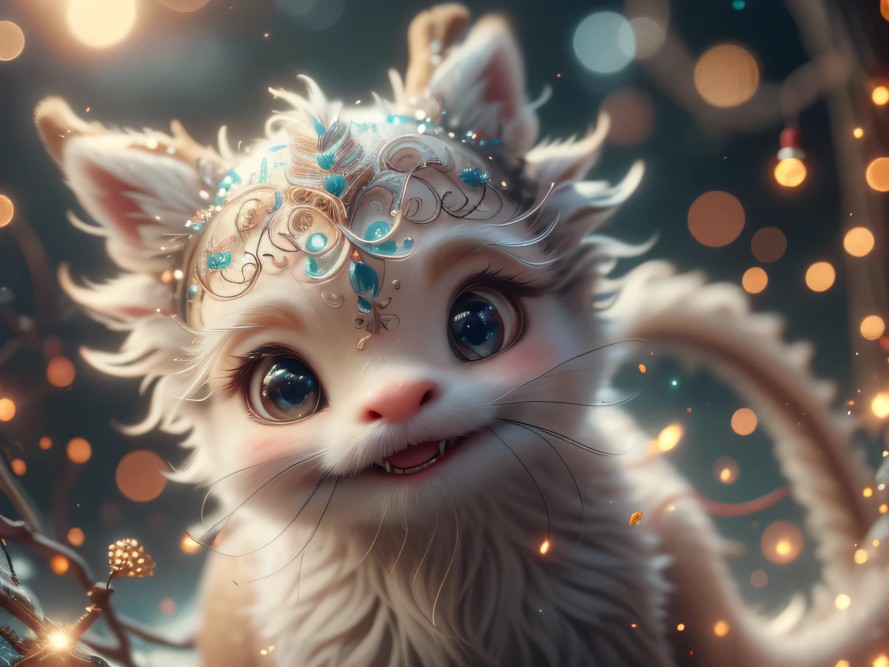 Magical Fantasy Creature, (Best Quality, Masterpiece, Representative Work, Official Art, Professional, Super Detailed, 8k:1.3), (Photorealism:1.2) Super Cute, Big Eyes, Soft, Soft Nose, Fluffy, Double-Toothed Smile, Aurorastyle, Highly detailed Dynamic shot of majestic adorable baby reindeer, high quality, beautiful masterpiece, fantasy creature, kawaii, digital art, glowing sparkles, Realistic, Beautiful, Stars in Eyes, Soft Volumetric Light, (Backlight:1.3), (Cinematic:1.2), Intricate Details, (ArtStation:1.3), --auto --s2