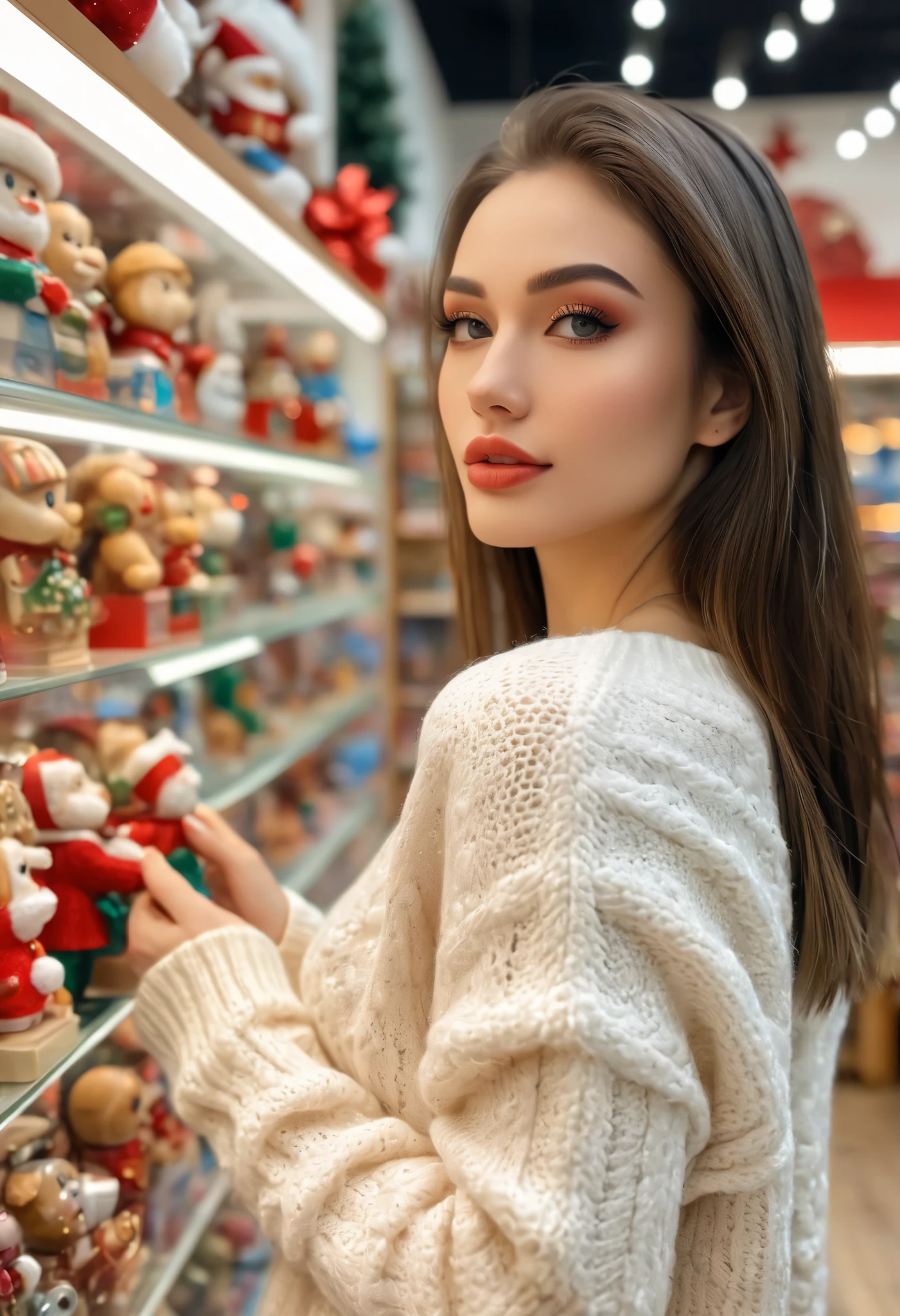 a realistic side-view portrait of a beautiful girl with standing in a toy store, close-up shot, (photo shot with Iphone), Instagram model,  (detailed beautiful face), back eyes, pretty makeup, she wearing an sweater, Christmas theme, cozy atmosphere, bokeh, diffused light, soft focus, depth of field, intricate detail