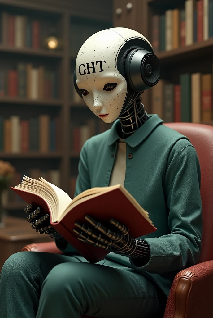 A "book" is reading a human on his (book) hand hd pic, the book is quite shock face, and the human is black and white body and something wrote in his whole body, the book is sitting on a chair