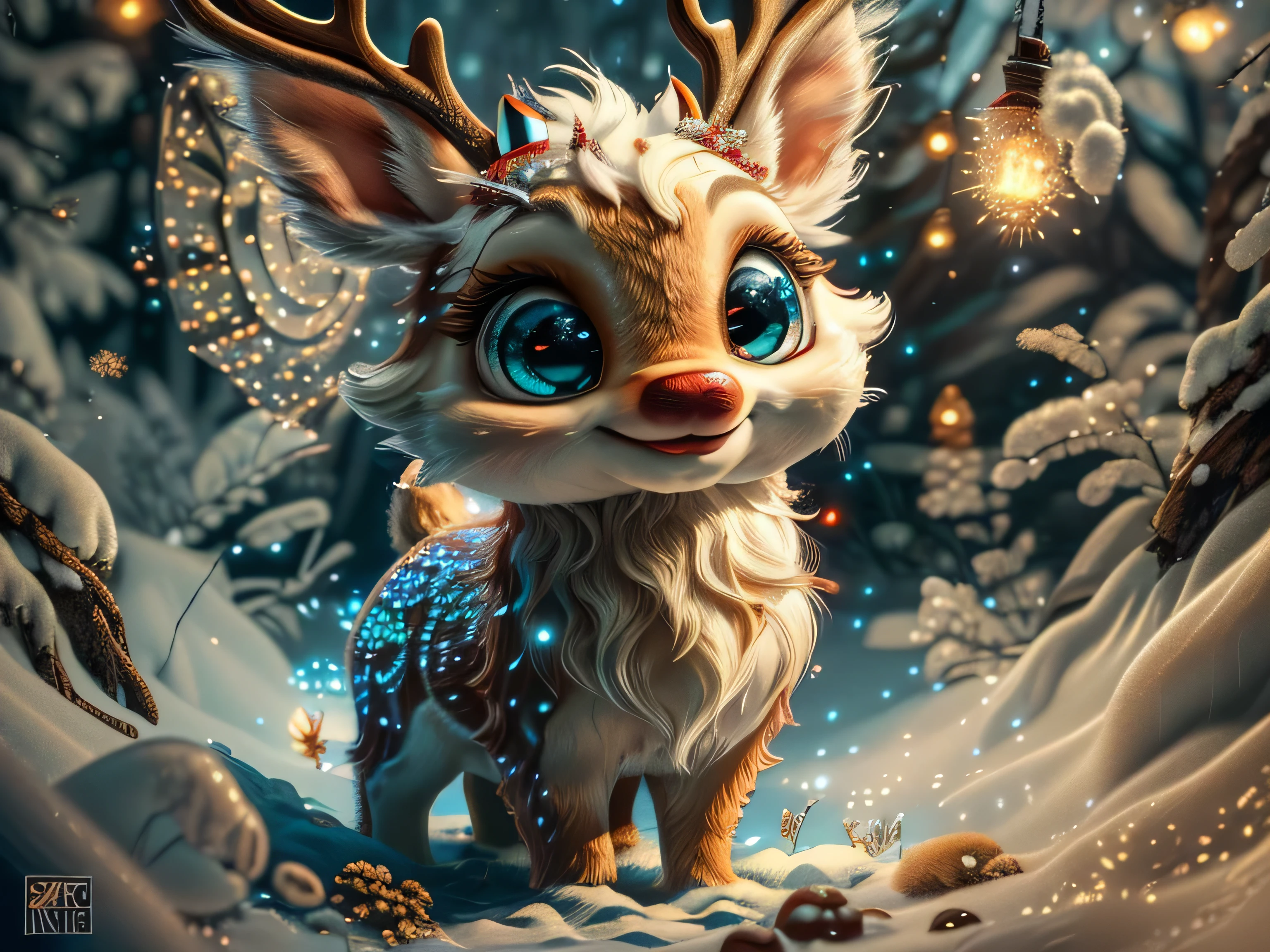 Magical Fantasy Creature, (Best Quality, Masterpiece, Representative Work, Official Art, Professional, Super Detailed, 8k:1.3), (Photorealism:1.2) Super Cute, Big Eyes, Soft, Soft Nose, Fluffy, Double-Toothed Smile, Aurorastyle, Highly detailed Dynamic shot of majestic adorable baby reindeer, high quality, beautiful masterpiece, fantasy creature, kawaii, digital art, glowing sparkles, Realistic, Beautiful, Stars in Eyes, Soft Volumetric Light, (Backlight:1.3), (Cinematic:1.2), Intricate Details, (ArtStation:1.3), --auto --s2