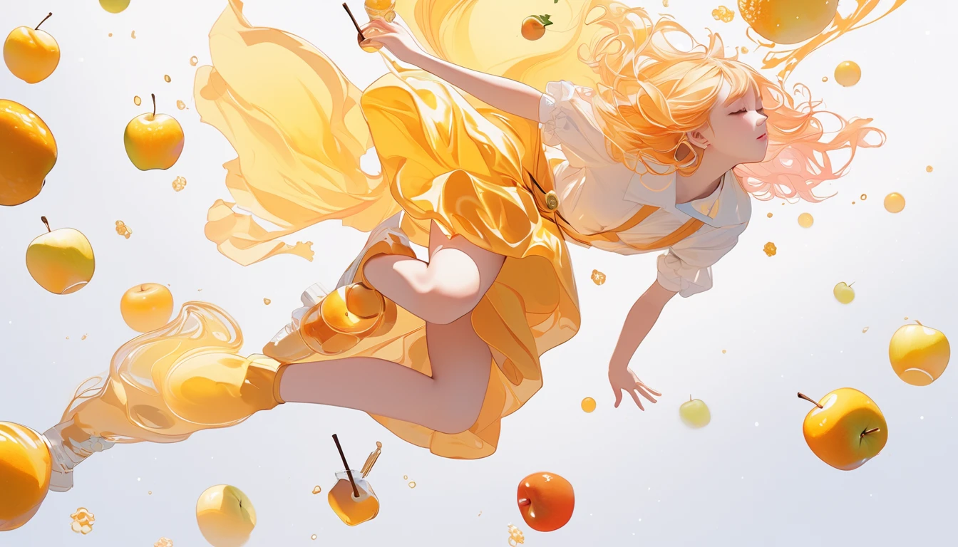 (top quality:1.3,  Anime Style,  very detailed, up to date,  High Contrast ,  masterpiece :1.2, top quality,  best aesthetics),  girl, ((( looks like they're floating in the air ,  sideways, whole body:1.4))), ((Accurate 5-finger,  holding a honey drink in their hands,  An image of honey and apples  , splashes)), ((HEALTHY IMAGES  )),  Juju ,   colorful hair,   bob cut  ,   pastel colors, ((Contemporary, Classic ,   simple background))