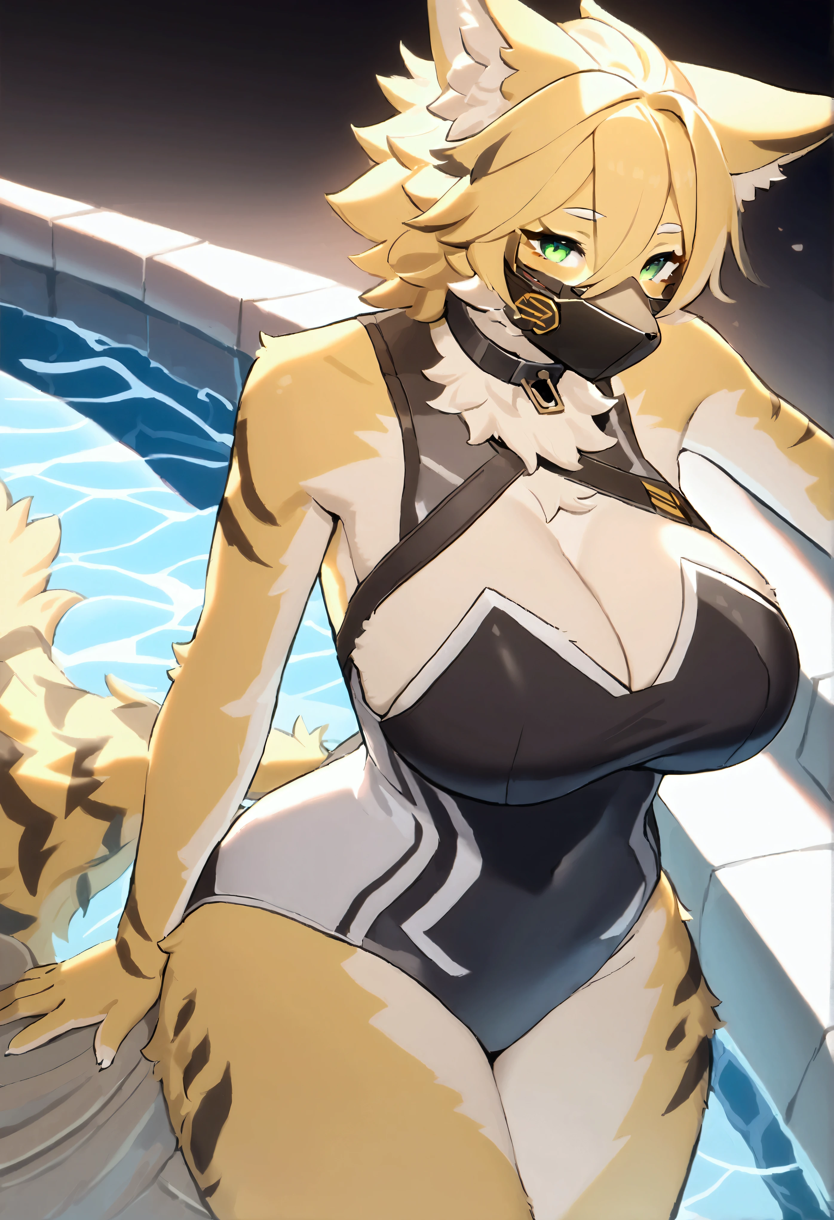 (top quality, best quality, High-quality illustrations, masterpiece, perfect artwork, cinematic light and shading, 16k, 1080p, uploaded on e621)(kemono, furry, anthro, alone), 1 larger female, (very detailed body, face, tail, arms, hands, legs, head and eyes), cat, Pulchra, (Zenless Zone Zero), yellow fur, fluff, striped body, big breasts, fluffy tails, hair, perfect eyes, green eyes, black pupils, wearing a mask, beautiful summer one-piece swimsuit, swimming pool, beautiful night, body movement, body twitching, looking at viewer, full body portrait