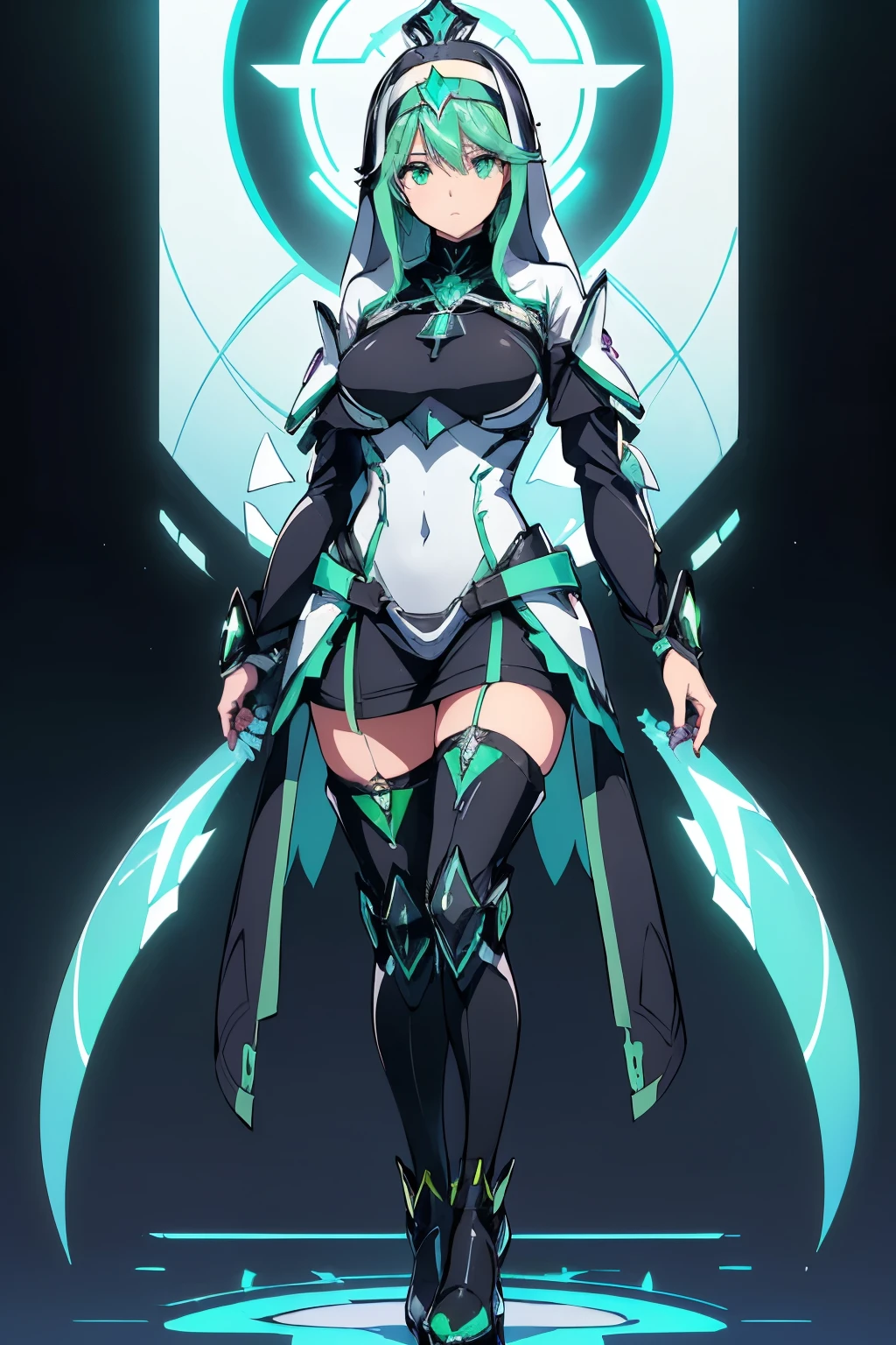 Anime, Girl, (((1girl))), (((Waifu, Xenoblade Chronicles 2, Pneuma Waifu))), (((Seafoam Green Hair, Long Hair))), ((Seafoam Green Eyes eyes:1.3, Upturned Eyes: 1, Perfect Eyes, Beautiful Detailed Eyes, Gradient eyes: 1, Finely Detailed Beautiful Eyes: 1, Symmetrical Eyes: 1, Big Highlight On Eyes: 1.2)), (((Lustrous Skin: 1.5, Bright Skin: 1.5, Skin Fair, Shiny Skin, Very Shiny Skin, Shiny Body, Plastic Glitter Skin, Exaggerated Shiny Skin, Illuminated Skin))), (Detailed Body, (Detailed Face)), (((Stoic expression))), Young, Idol Pose, (Best Quality), ((((Black Nun Robes))), (((Habit))), ((((Techwear))), (((Thigh-high Heeled Boots))), Holy Cross Motif), High Resolution, Sharp Focus, Ultra Detailed, Extremely Detailed, Extremely High Quality Artwork, (Realistic, Photorealistic: 1.37), 8k_Wallpaper, (Extremely Detailed CG 8k), (Very Fine 8K CG), ((Hyper Super Ultra Detailed Perfect Piece)), (((Flawlessmasterpiece))), Illustration, Vibrant Colors, (Intricate), High Contrast, Selective Lighting, Double Exposure, HDR (High Dynamic Range), Post-processing, Background Blur