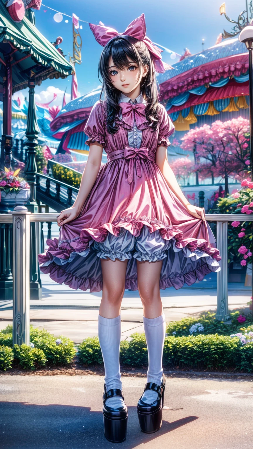   top quality,     masterpiece   ,  realistic , photo realistic , 1people々Girl, 一peopleで, smile,   black hair,   long hair,   standing, whole body, cyb   dress,   dress, pink   dress, layered   dress, frilled   dress, Short sleeve, Bloomers , white Bloomers , ribbon, bowtie, frills, bow,   dress bow,   heart symbol  , hair bow,   hair ornament,   ruffle socks ,   platform heels , amusement park, people々々,   Detailed Background , 