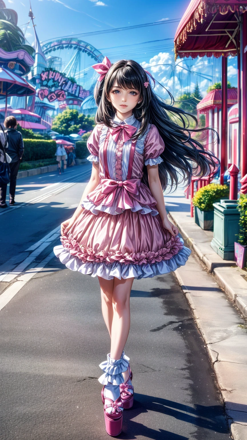   top quality,     masterpiece   ,  realistic , photo realistic , 1people々Girl, 一peopleで, smile,   black hair,   long hair,   standing, whole body, cyb   dress,   dress, pink   dress, layered   dress, frilled   dress, Short sleeve, Bloomers , white Bloomers , ribbon, bowtie, frills, bow,   dress bow,   heart symbol  , hair bow,   hair ornament,   ruffle socks ,   platform heels , amusement park, people々々,   Detailed Background , 