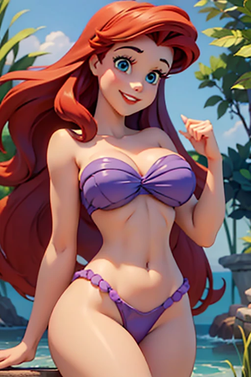 Sexy Busty Voluptuous skimpy Buff Muscular smiling cheerful Suntanned Princess Ariel from Disney's the Little Mermaid with very long down loose  red hair down to her hips and blue eyes wearing strapless shiny purple seashells in the forest on a hot sunny summer day, large breasts huge muscles huge breasts, long hair l, very long hair, 