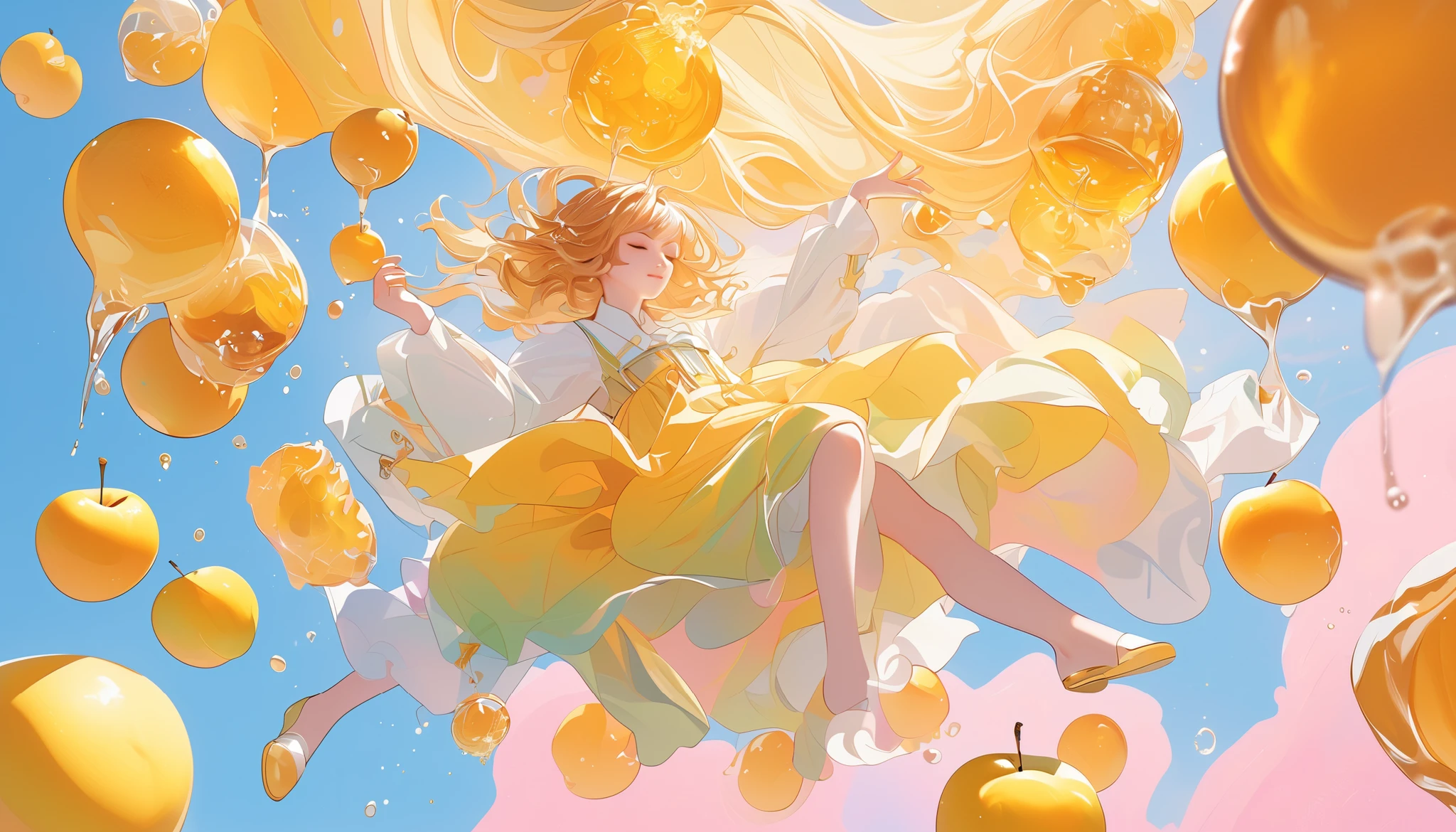 (top quality:1.3,  Anime Style,  very detailed, up to date,  High Contrast ,  masterpiece :1.2, top quality,  best aesthetics),  girl, ((( looks like they're floating in the air ,  sideways, whole body:1.4))), ((Accurate 5-finger,  holding a honey drink in their hands,  An image of honey and apples  , splashes)), ((HEALTHY IMAGES  )),  Juju ,   colorful hair,   bob cut  ,   pastel colors, ((Contemporary, Classic ,   simple background))