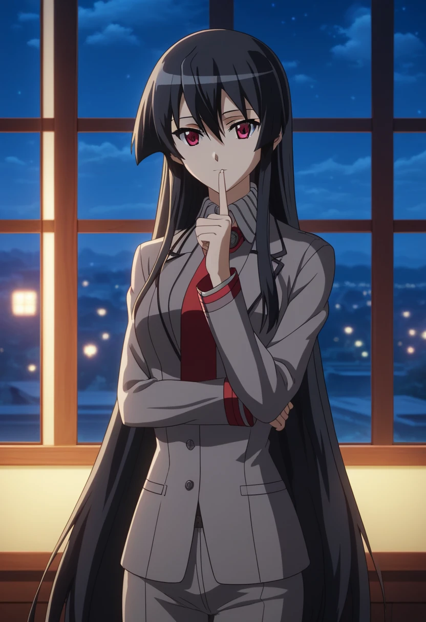 (masterpiece:1.0),(best_quality:1.0), ultra high res,4K,ultra-detailed,blurry background,(Night:1.7), Japan, Tokyo, CityView, Before Window,Standing at attention,1girl,solo,akame, long hair, black hair, red eyes, hair between eyes,Grey uniform, Shirt, long sleeves , Pants,Beautiful Finger,Beautiful long legs,Beautiful body,Beautiful Nose,Beautiful character design, perfect eyes, perfect face,expressive eyes,looking at viewer, in the center of the image,(Upper_body),(Focus on her face),(light_smile:0.5),official art,extremely detailed CG unity 8k wallpaper, perfect lighting,Colorful,Bright_Front_face_Lighting