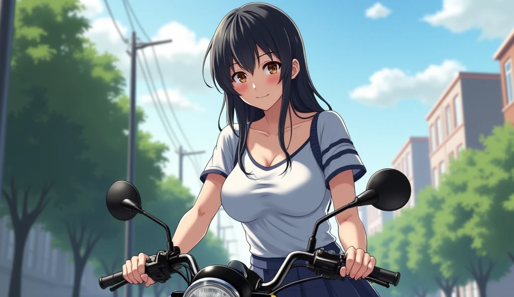 MASHIROTOUKO, BLACK HAIR, LOW TWINTAILS, HAIR OVER SHOULDER, HAIR RIBBON, BLUNT BANGS, LONG HAIR, BLACK EYES, 1girl, solo, large breasts. , nipple, Expressway, Riding a bike