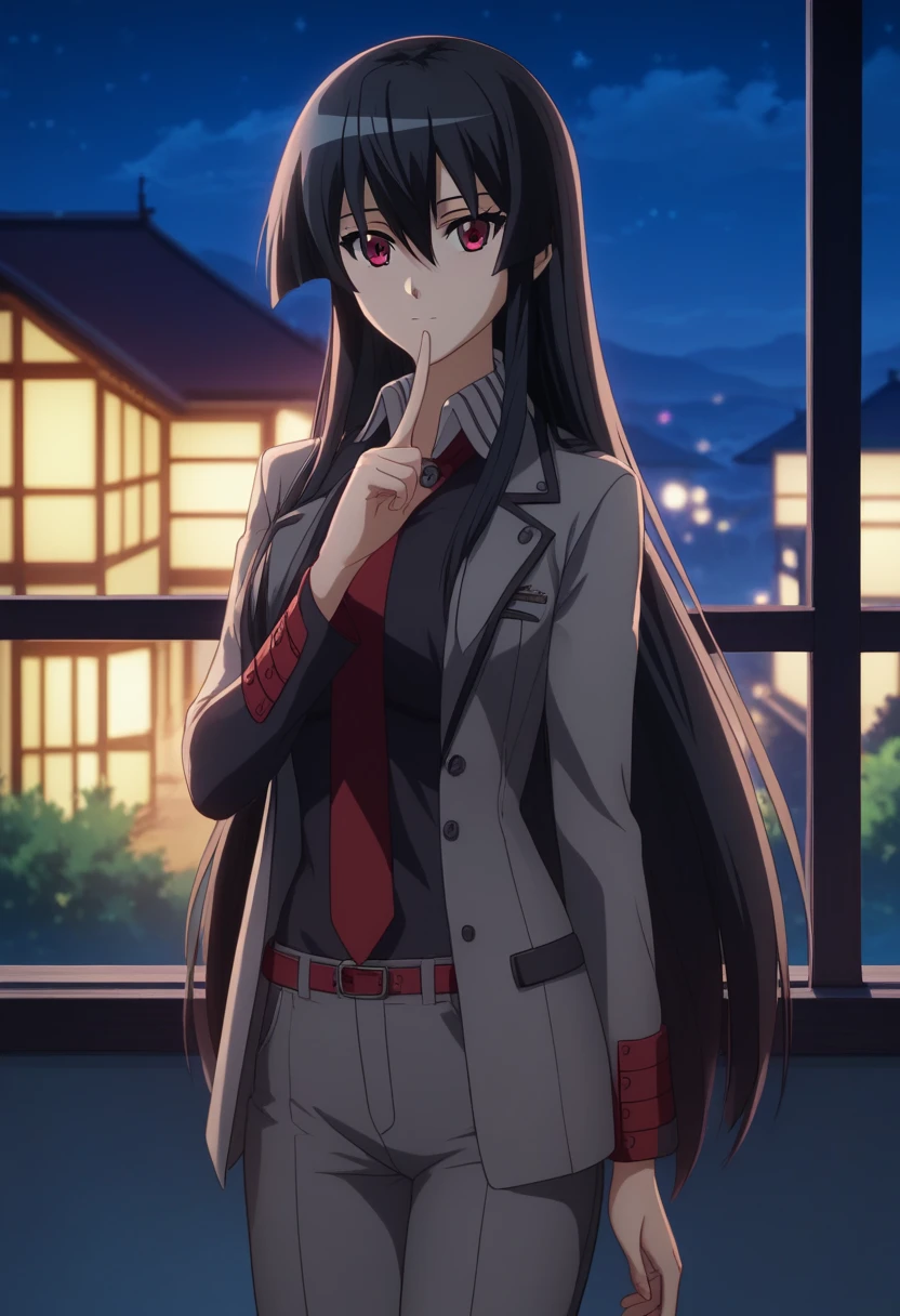 (masterpiece:1.0),(best_quality:1.0), ultra high res,4K,ultra-detailed,blurry background,(Night:1.7), Japan, Tokyo, CityView, Before Window,Standing at attention,1girl,solo,akame, long hair, black hair, red eyes, hair between eyes,Grey uniform, Shirt, long sleeves , Pants,Beautiful Finger,Beautiful long legs,Beautiful body,Beautiful Nose,Beautiful character design, perfect eyes, perfect face,expressive eyes,looking at viewer, in the center of the image,(Upper_body),(Focus on her face),(light_smile:0.5),official art,extremely detailed CG unity 8k wallpaper, perfect lighting,Colorful,Bright_Front_face_Lighting