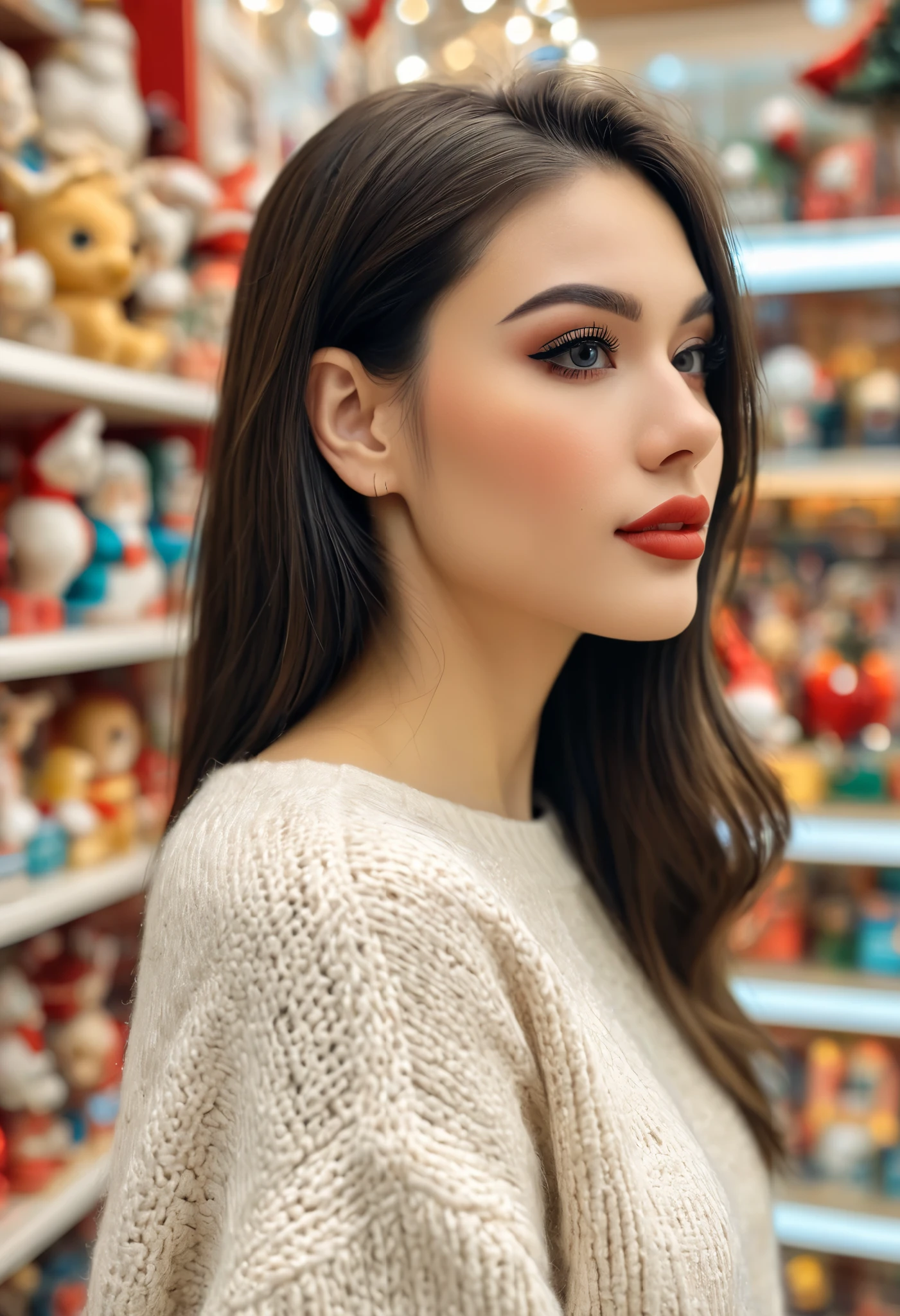 a realistic side-view portrait of a beautiful girl with standing in a toy store, close-up shot, front view, (photo take by Iphone), Instagram model, (detailed beautiful face), back eyes, pretty makeup, she wearing an sweater, Christmas theme, cozy atmosphere, bokeh, diffused light, soft focus, depth of field, intricate detail