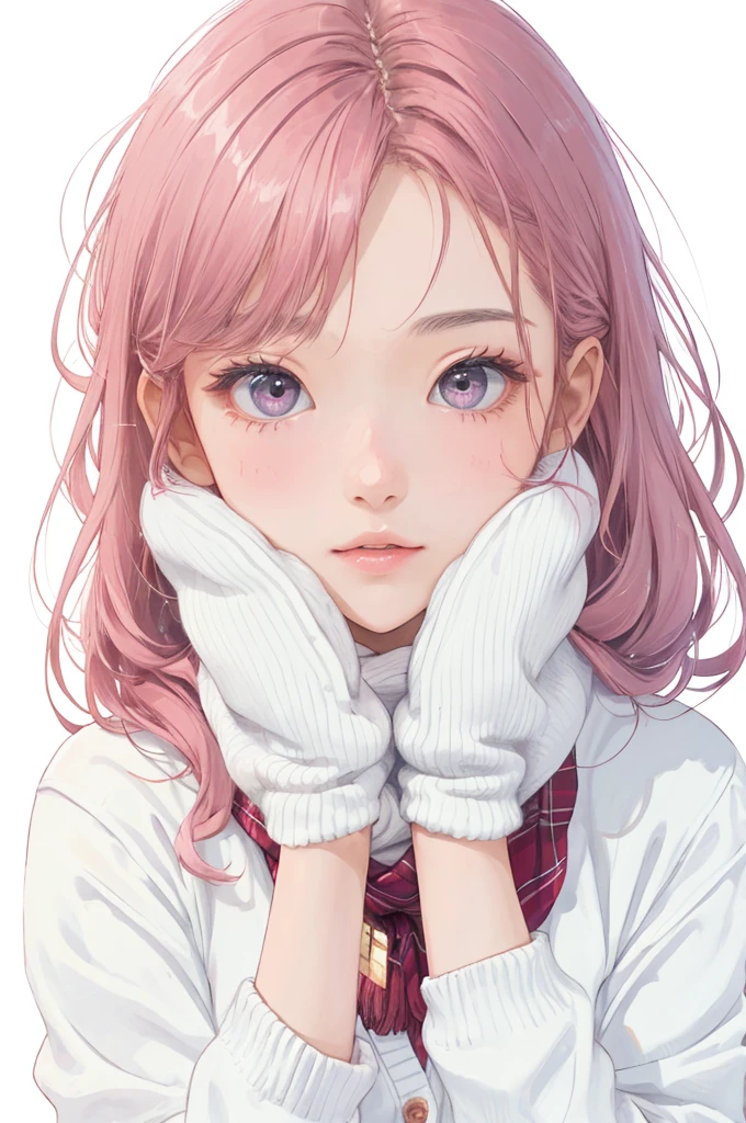  １ girl 、Big droopy eyes、 cute expression 、 Close your lips、 skin texture、 White background 、(uniform、blouse、 Bordeaux cardigan 、wool scarf ) 、Warm your cheeks with white mittens、 sparkling reflection、Pink bronze hair 、  long hair、 white tone、Warm Light、HD