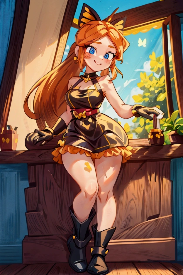 "Masterpiece, best quality, 1 girl, orange long hair, ponytail in hair, blue eyes, standing indoors with intricate details and sunlight. black and yellow frilled dress with short neckline, black gloves, black butterfly belt, earrings, black boots. Sweet smile, sexy pose, coquette, beautiful legs, mature body, gorgeous, pronounced breasts