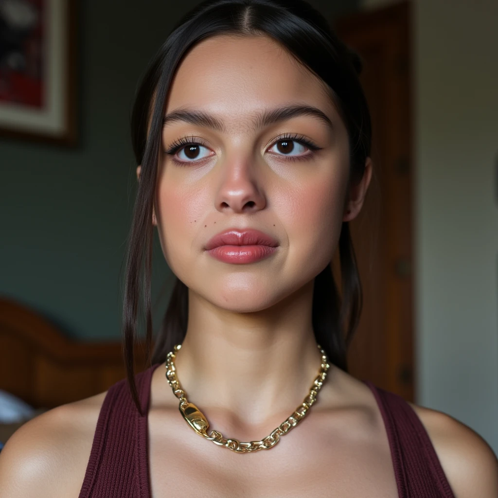 (Skin Texture, pores, natural,iPhone,RAW)), natural lighting, Highest Quality Portrait photo of a woman, choker, gold chain, on bed, full body, school attire