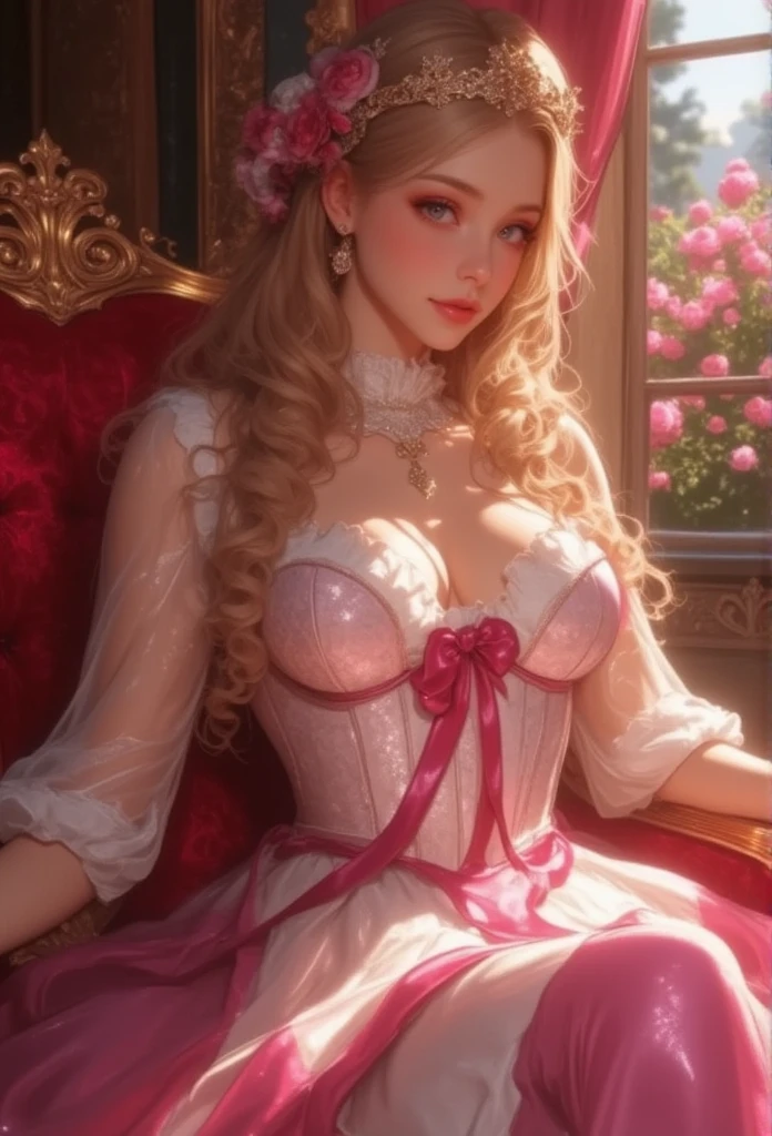 (( Plateau Peace  )),  Marie Antoinette  ,  Super detailed face ,fine grain,   entrance to the castle's basement slightly,( blonde alone ),  long hair,  wave hair, Sheer dress,Rococo Ruffle Dress, Sexy Dress ,  dress for lying on a wooden boat has a long skirt ,  Baroque Dress  ,   intricate fantasy dress  , Beautiful ruffle dress ,   romantic dress,   Frill Costume  ,lottery, Data Style, Formal Wear, Fancy Fashion, palate colors include   pink and white,(  pink:1.5),Class A Smile,Gold Tiara,   Necklaces  , sit in a luxurious chair,Hands on knees,(  rainbow light  :1.4),,  the side face of a person looking out of the window  ,  a rosebush is reflected in the window   ,(Inside Victoria Palace)、Her eyes are shining、 now her blonde alone's hair extends to her waist 、Rose-colored gradation and three, 薄い  pinkのロック. 彼女は花柄の装飾が施されたGold Tiaraを着用し、  Matching earrings    , white flower choker. 彼女は金色のボタンで縁取られたフリル付きの白いストライプの  pinkのトップを着ている, The white sleeves are in the shape of a bud  ..   with a magenta ribbon flowing out of her chest  ..、 At the back of her neck  、Matching chest piece, Decorated with flowers.  her frilly skirt is separated by a white line ,  Fastened with a large magenta ribbon 、Decorated with gold,   There is a small ribbon on the back  . Her mini skirt、薄い  pinkのマゼンタの貝殻状の裏地と白い花のペチコートでできている. 彼女は  pinkの花がついた白い手袋も着用している, 白と薄い  pinkの靴には、ゆるいカフとDecorated with flowersたマゼンタのリボンがある