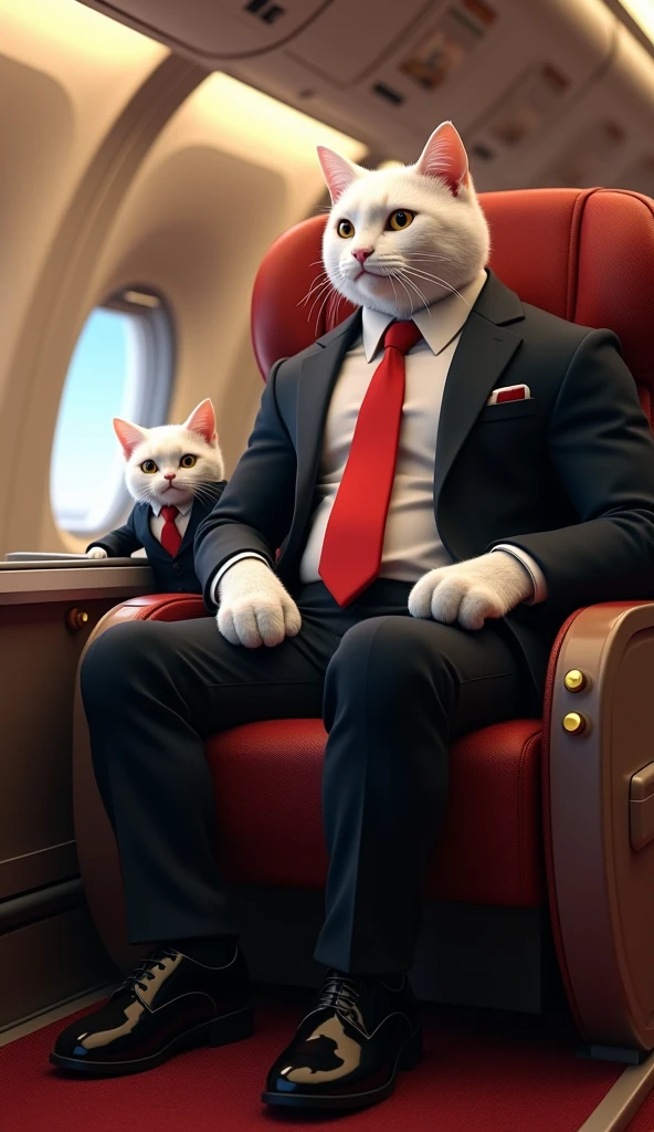 Image montrant un chat blanc musclé et une chatte blanche qui sont entrain de monter dans un bateau de croisière avec leurs valises