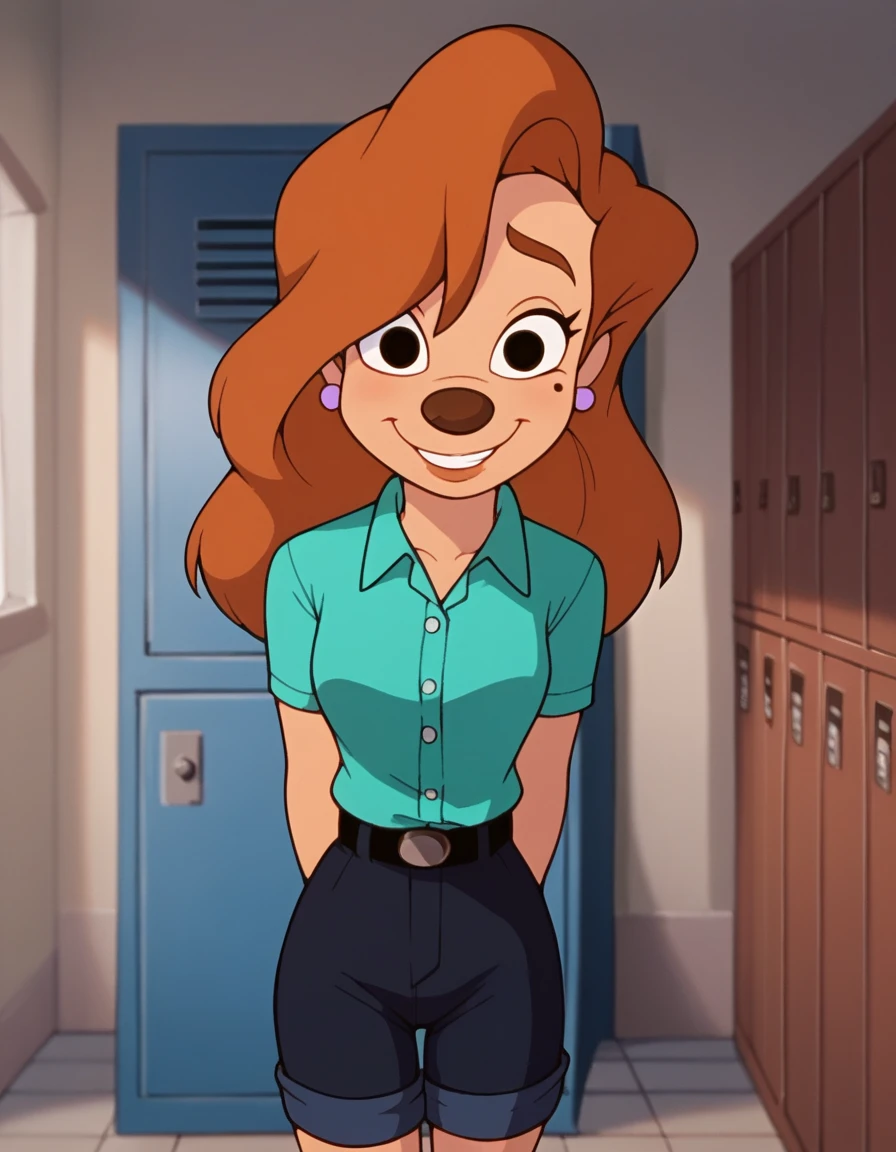 roxanne, 1girl, brown hair, long hair, solo, earrings, black eyes, green collared shirt, short sleeves, smile, furry female, shorts, belt,, score_9, score_8_up, score_7_up, score_6_up, score_5_up, score_4_up, looking at viewer,  hallway, locker, arms behind back, shy, button shirt