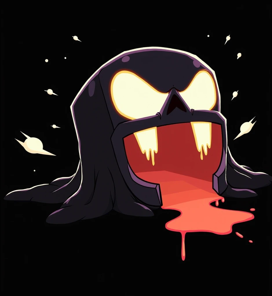 White smiling faces all over the body,A black spherical monster,It has two claws on the ground.,Has a large mouth full of fangs that takes up a large part of its body,There's a laser cannon in its mouth.