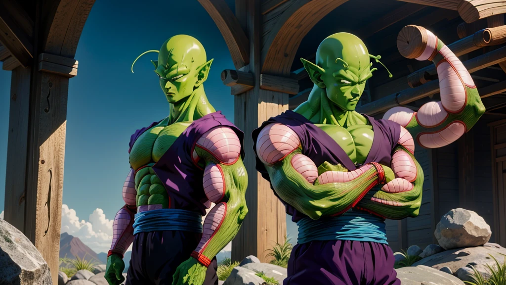 masterpiece, best quality, realistic, photorealistic, 8k,piccolo, 1boy, male focus, solo, standing, pointy ears,(purple dougi), green skin, oni horns, purple pants, closed mouth, looking at viewer, ((bald)),arms at sides,pink patches,black eyes, blue sash, rocks, grassfield