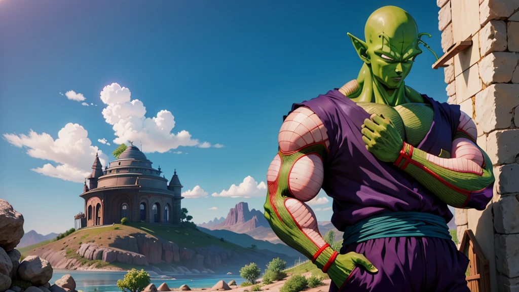 masterpiece, best quality, realistic, photorealistic, 8k,piccolo, 1boy, male focus, solo, standing, pointy ears,(purple dougi), green skin, oni horns, purple pants, closed mouth, looking at viewer, ((bald)),arms at sides,pink patches,black eyes, blue sash, rocks, grassfield