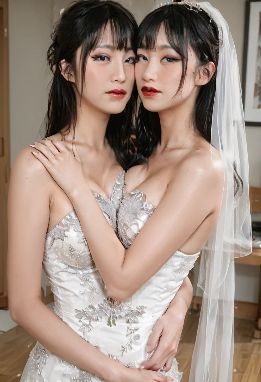 best resolution, 4k, photorealistic, thigh-up portrait, 2 heads, bride with two heads and large breasts, perfect body, perfect arms, conjoined, tall, black hair curtain bangs with shoulder length hair, mm, embarrassed expression, tight hug, messy Asian makeup, red lipstick, traditional White wedding gown, sexy Black wedding gown, conjoined wedding dress, body press, indoors