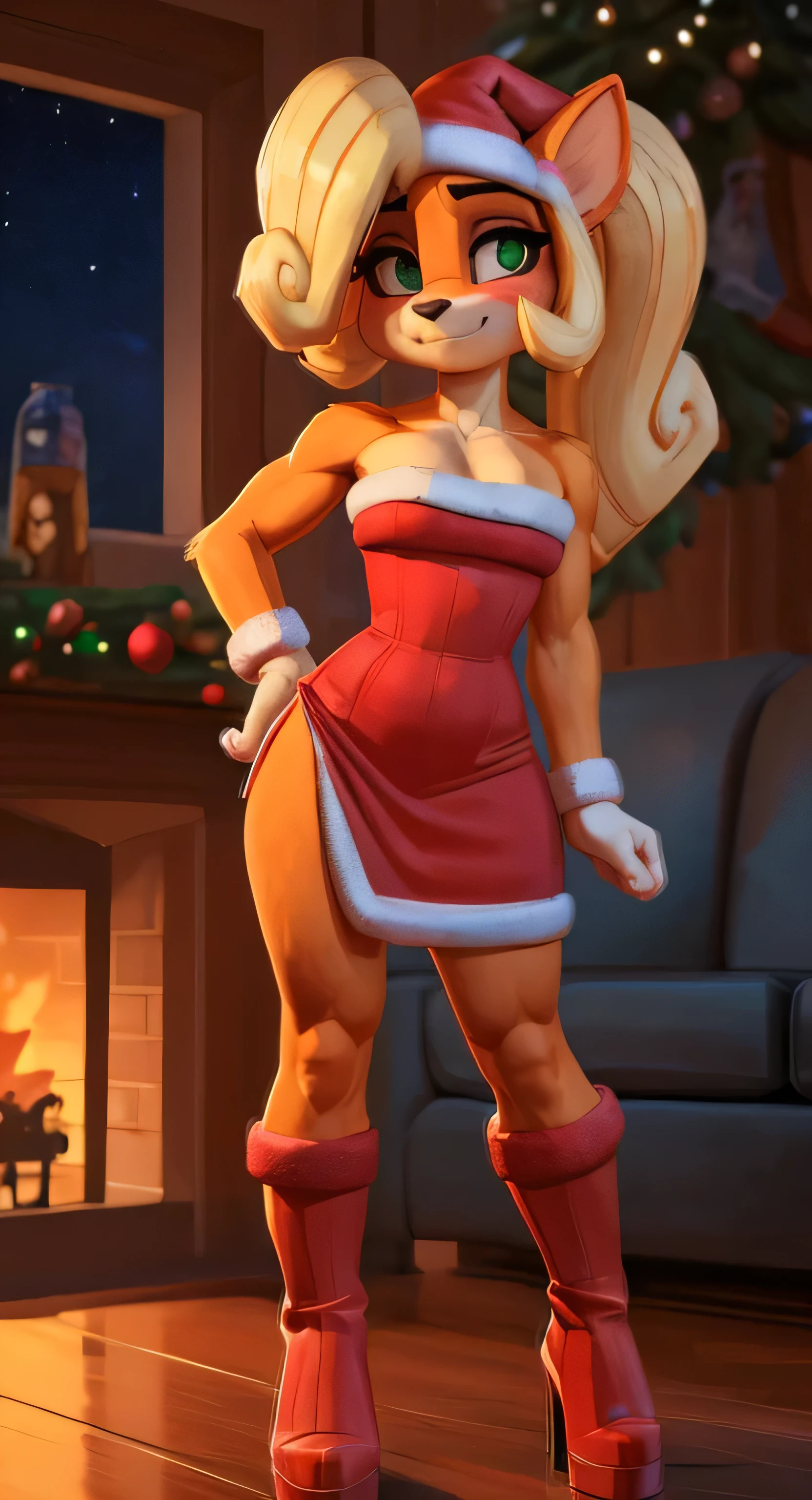 Coco bandicoot, [Uploaded to e621.net; (Pixelsketcher), (wamudraws)], ((masterpiece)), ((HD)), ((high res)), ((solo portrait)), ((full body visible)), ((front view)), ((feet visible)), ((furry; anthro)), ((detailed fur)), ((detailed shading)), ((beautiful render art)), {anthro; (slim figure), orange fur, black nose, (cute green eyes, cute shining eyes),(beautiful girl feets),(blonde hair), (horse tail hair),( porfect size big breasts) ,( small flower on her hair) ,topknot, fluffy tail, (curvy hips), (beautiful legs),(curly legs),(detailed feets with five fingers) , ( detailed female feets ) ,(beautiful feet), (shy,embarrassed , big blushing), (cute smirk)}, ( cute horny smile),( excited expression)},(defined muscles),(strapless red dress), (wool lining on dress), (red boots), (heels), (white gloves), (christmas hat)} , (standing on her feets) [background; (living room), (christmas tree), (christmas decor), (fireplace), (window), (snow), (nighttime), (starry sky), (ambient lighting)]