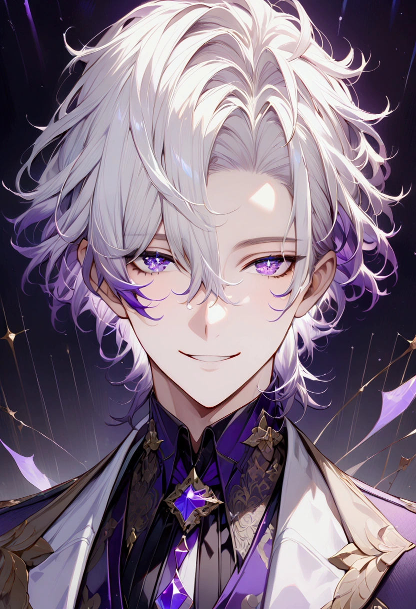 ((Best Quality)), (High Image Quality), ((Detailed Eye Description)), ((masterpiece)), ((Detailed:Face)), ((Handsome)), ((Detailed:eyes)), Solo,((perfect male body)), ((Detailed:Clothes)), ((Detailed:Hair)), (White Hair), ((Hairstyle:Shadow perm)), formal clothing, (Detailed hair flow), Mesmerizing eyes, ((Refined Eyes)), small grin,((Lavender Starry eyes)), short Hair, Midnight scenery, purple eyes, ((Purple Tipped Hair))