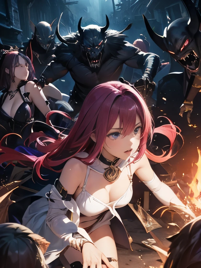 top quality、torture、 slave、restrict、Bondage、Caught by a bunch of monsters 、Surrounded by monsters、、 beautiful woman with very long reddish pink hair( messy hair standing in the way)、white see-through celtic dress 1:5(white、Small breasts、 deep v-neck、Sleeveless、No elbow pads、Beautiful woman with very long purple hair 、Deep slit、 Fine Enough to See Through Skin 、羽衣状のwhiteロングスカート、 sexy)、 Tears overflow 、 frightened expression 、run away、attacked by many monsters 1:5、 many ferocious monsters 1 :5、 monster grabs arm . Monster Attacked from behind 、 monster grabs foot 、 horde of monsters 1 :5、Midnight、 Darkness、 Different Worlds 、dungeons、Dark fantasy、Pitch Black Hell
