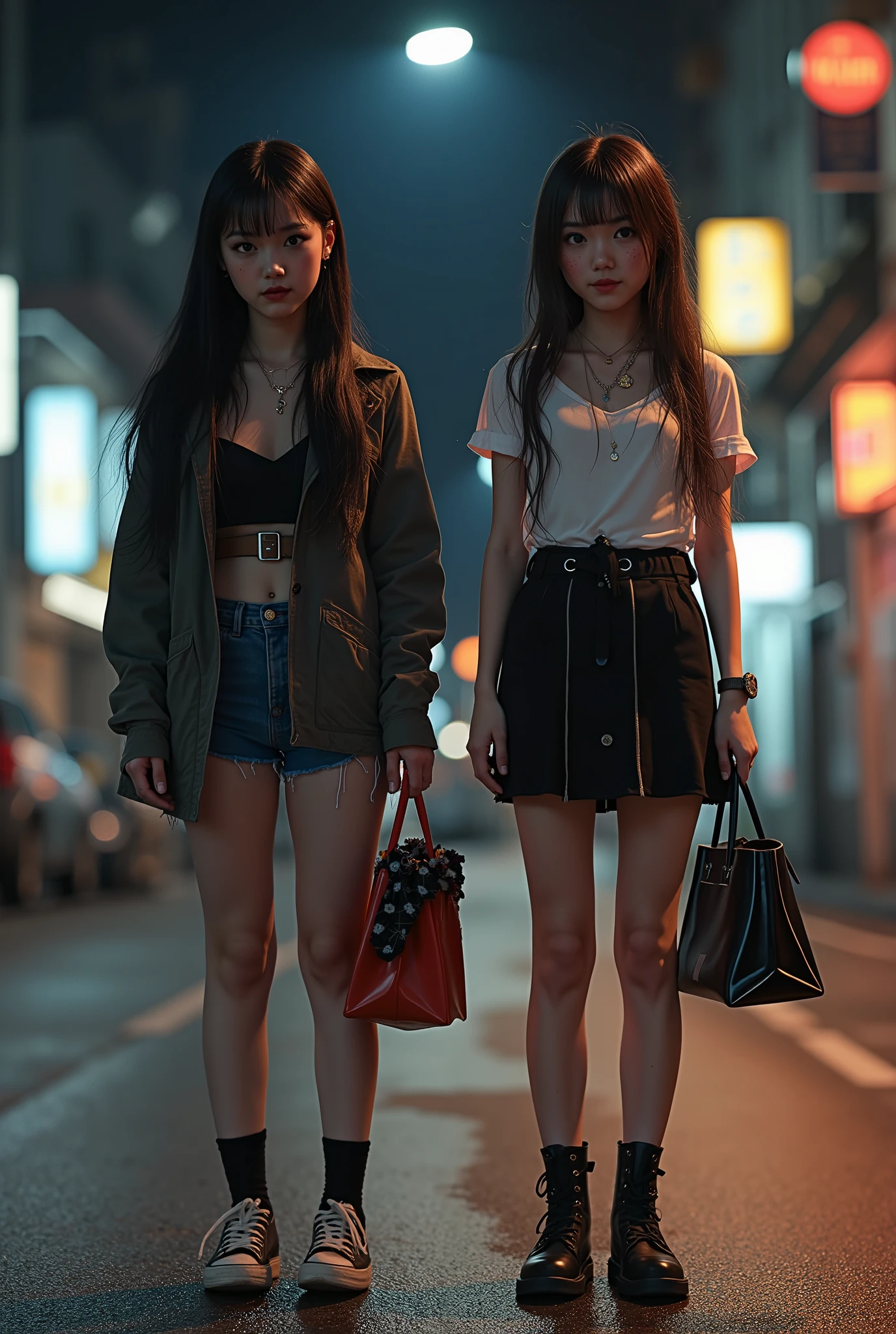 nsfw, low ambient light, flash, super detailed, photorealistic, 2girl, (beautiful girl, street prostitute, illegal), full body, korean girl,
(high resolution, masterpiece, highest quality:1.4), realistic, photo, amazing detail, 8k, high resolution, amazing many layers,
2girl, beautiful girls, Toyoko s, begging girls, poor girls, runaway girls, menhera girls, colorful, a homeless middle-aged man stands between two girls, there is a height difference between the two, one is a bit chubby, one has a lot of freckles, the two have different hairstyles, one has super big boobs, one has a super mini skirt, one is wet,
the girls wear simple casual wear of their own choice,
the girls wear gothic ta clothes,
the girls have different hairstyles,
The girls are dirty,
The girls' clothes are ragged,
The girls' clothes are dirty,
The girls' clothes are damaged,
The girls are wearing cheap hair accessories, cheap necklaces, cheap bracelets, cheap anklets,
The girls are carrying dirty carrier bags,
The girls are carrying shopping bags full of plastic bottles and snacks,
They are carrying smartphones, freckles,
One of them has urine stains on her bottoms,
Two of them are fighting over a homeless man,
One of them is peeing,
One has her clothes pulled up to expose her breasts,
Downtown at night, a park at night,
Garbage scattered on the street,