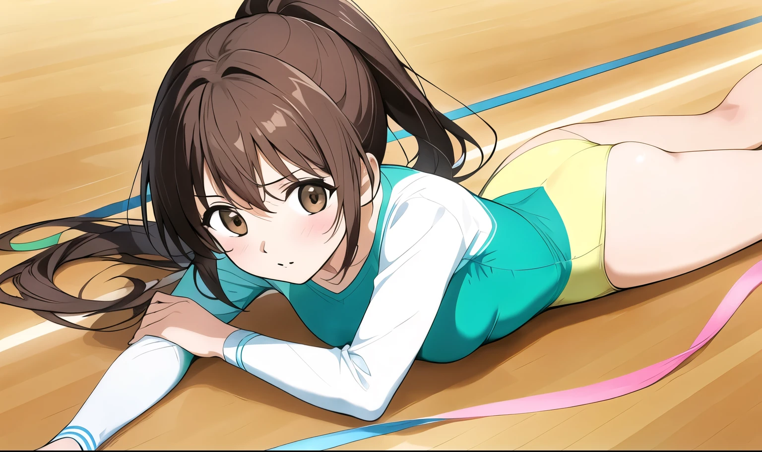 a cartoon girl lying on track with a long pink ribbon on her back, 1girl, leotard, brown hair, solo, brown eyes, athletic leotard, gymnastics, ponytail, long hair, looking at viewer, ass, wooden floor, blush, lying, bangs, on stomach, long sleeves, breasts