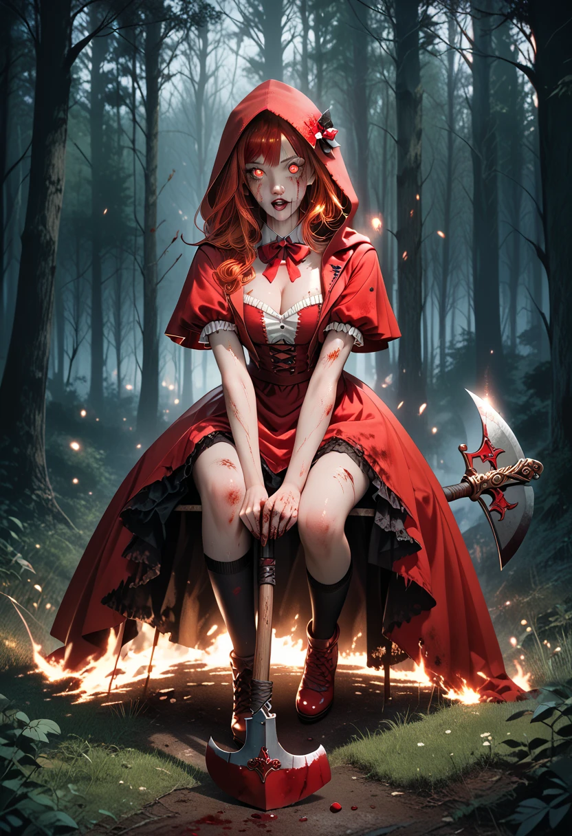 ((Little Red Riding Hood)) redhead walks through the dark night forest in her hands ((a bloody axe)) ((bare chest)) from the darkness ((burning eyes look at her)) ((full body) ((view of the axe))