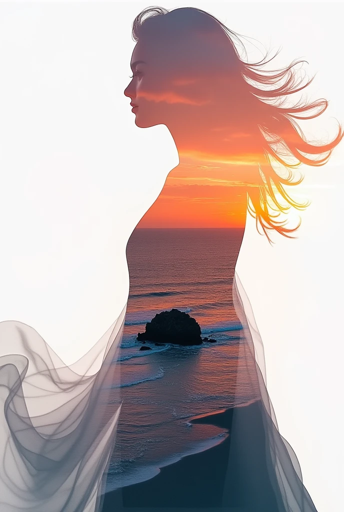 high quality, 8K Ultra HD, A beautiful double exposure that combines an goddess silhouette with sunset coast, sunset coast should serve as the underlying backdrop, with its details incorporated into the goddess , crisp lines, The background is monochrome, sharp focus, double exposure, by yukisakura, awesome full color,