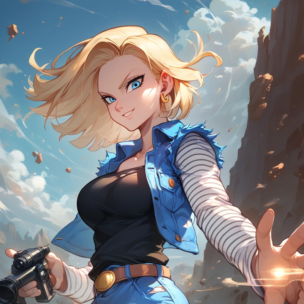 score_9, score_8_up, score_8, medium breasts, (curvy), cute, eyelashes,    zzAndroid18, blue eyes, blonde hair, short hair, jacket, denim, denim jacket, jewelry, earrings, long sleeves, shirt, skirt, belt, stripes,  smile, looking at viewer,   serious expression, dramatic sunset casting shadows, standing on a cliff overlooking a devastated battlefield, her iconic outfit slightly torn, glowing with suppressed energy, a moment of reflection before the next fight,  ,,, embedding:zPDXL, Expressiveh, 