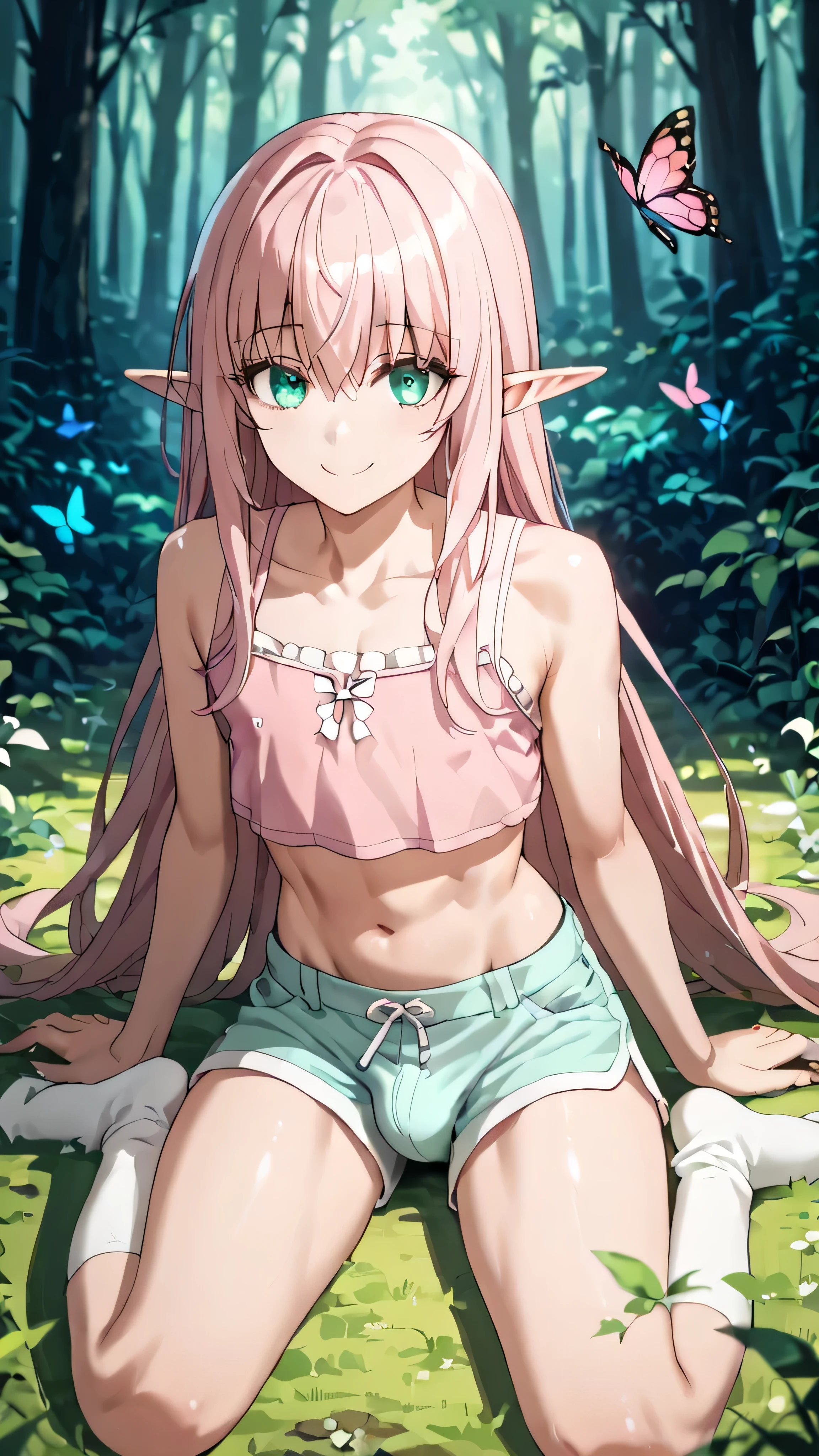 masterpiece, anime, elven forest, elf, 1boy, 17years old, otoko no ko, pink_hair, straight_longhair, turquoise_eyes, girly, curvy, crossdressing, pink crop_top, turquoise dolphine_shorts, bulge, black and white thigh_high_socks, smile, butterfly_sitting, looking at viewer, fullbody