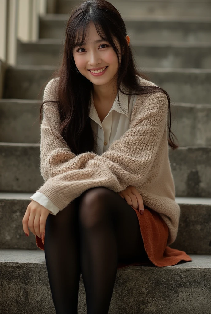 (UHD, masterpiece, anatomically correct, textured skin, super detail, best quality, highres, 8k, bloom, Front Light:1.2, Perfect dynamic composition,) 1asian girl, solo,((smile)), long hair, looking at viewer, smile, skirt, brown hair, shirt, black hair, long sleeves, brown eyes, sitting, pantyhose, high heels, sweater, crossed legs, head rest, stairs, realistic, sitting on stairs
