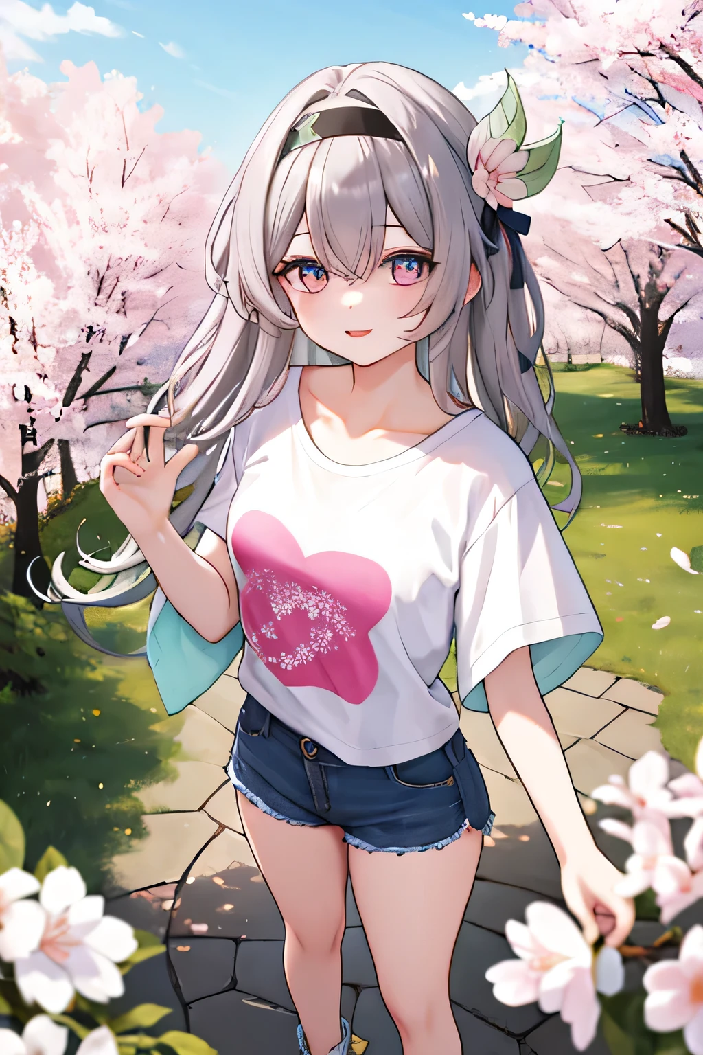 masterpiece,best quality,highres,ultra-detailed,(facing_viewer:1.1),solo,1girl,small breasts,standing,outdoors,garden,cherry blossom,trees,cowboy shot, grey hair, long hair, tucked t-shirt, short denim shorts, happy, looking at viewer, double v, hair ornament, from above, canvas shoes, oversized_clothes, show full body