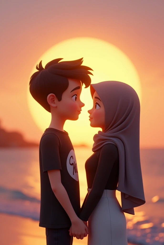 The Disney Pixar poster shows a sweet black male character with short Korean hair, wearing a white short-sleeved shirt, black jeans and white shoes, kissing a woman on the cheek on the beach with simple make-up and wearing a black hijab. 3D animation