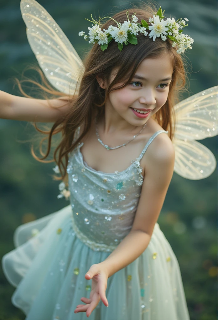 (8K、Live shooting、realistic:1.25)、1 tween girl、age 7, 7 y.o tween girl, A fairy like a *********** tween-girl with a beautiful face, juvenile physique.、Floating in the air and looking down from above、fairy wings are transparent、shy smile、whole body、luminous costume、lip gloss、Glossy skin、highest quality、ultra high resolution、