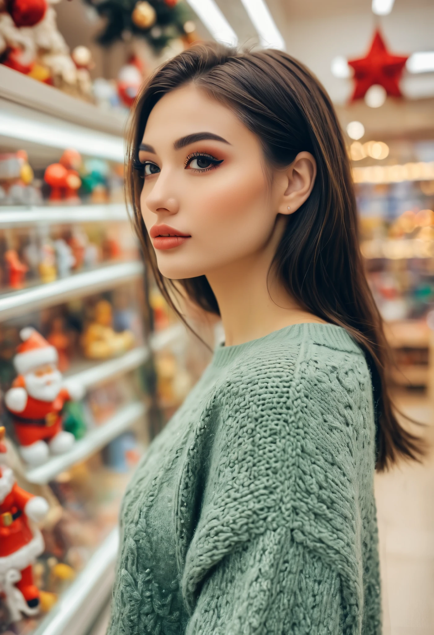 a realistic side-view portrait of a beautiful girl with standing in a toy store, close-up shot, (photo shot with Iphone), Instagram model,  (detailed beautiful face), back eyes, pretty makeup, she wearing an sweater, Christmas theme, cozy atmosphere, bokeh, diffused light, soft focus, depth of field, intricate detail