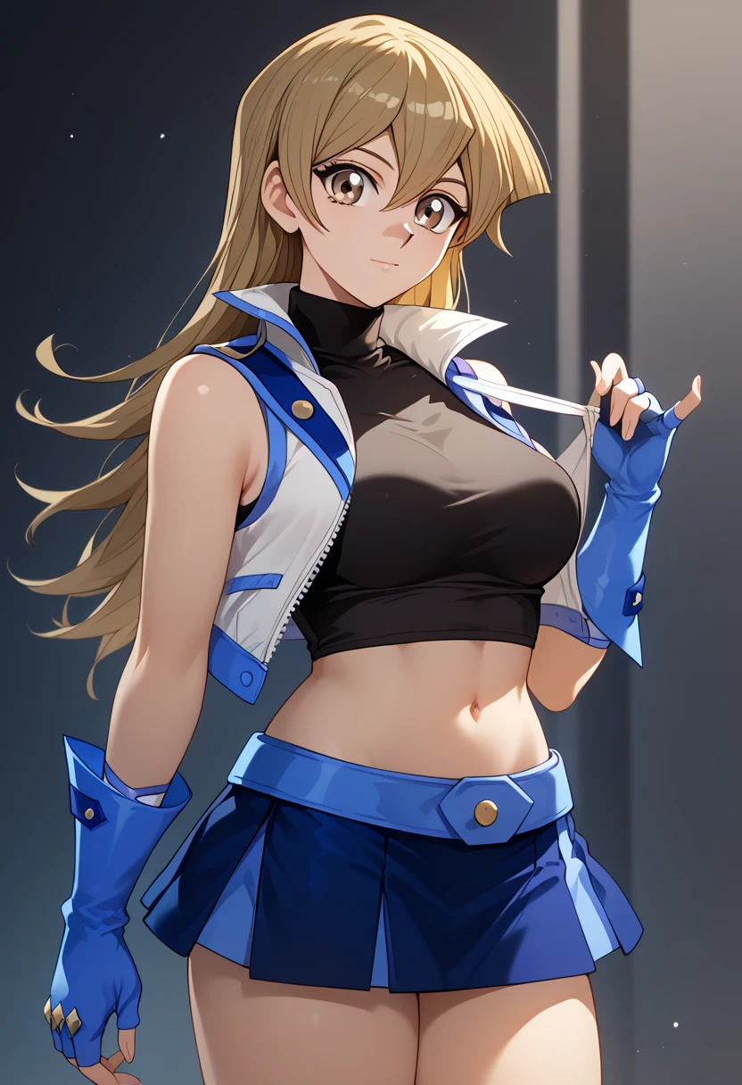 Perfect CG unity 8K UHD wallpaper, Perfect CG unity 8K UHD wallpaper, aaasuka, long hair, blonde hair, brown eyes, breasts, black turtleneck croptop, white jacket, sleeveless, fingerless gloves, blue gloves, miniskirt, blue skirt, cowboy shot, standing, open jacket, navel,