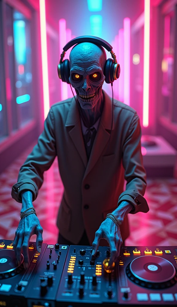A skull face, wearing a yellow raincoat, with an 80s walkman and headphones. From the top of the image, a stylish sign "stranger things" na cor verde, with the name "symphony of fear". The setting can be dark.