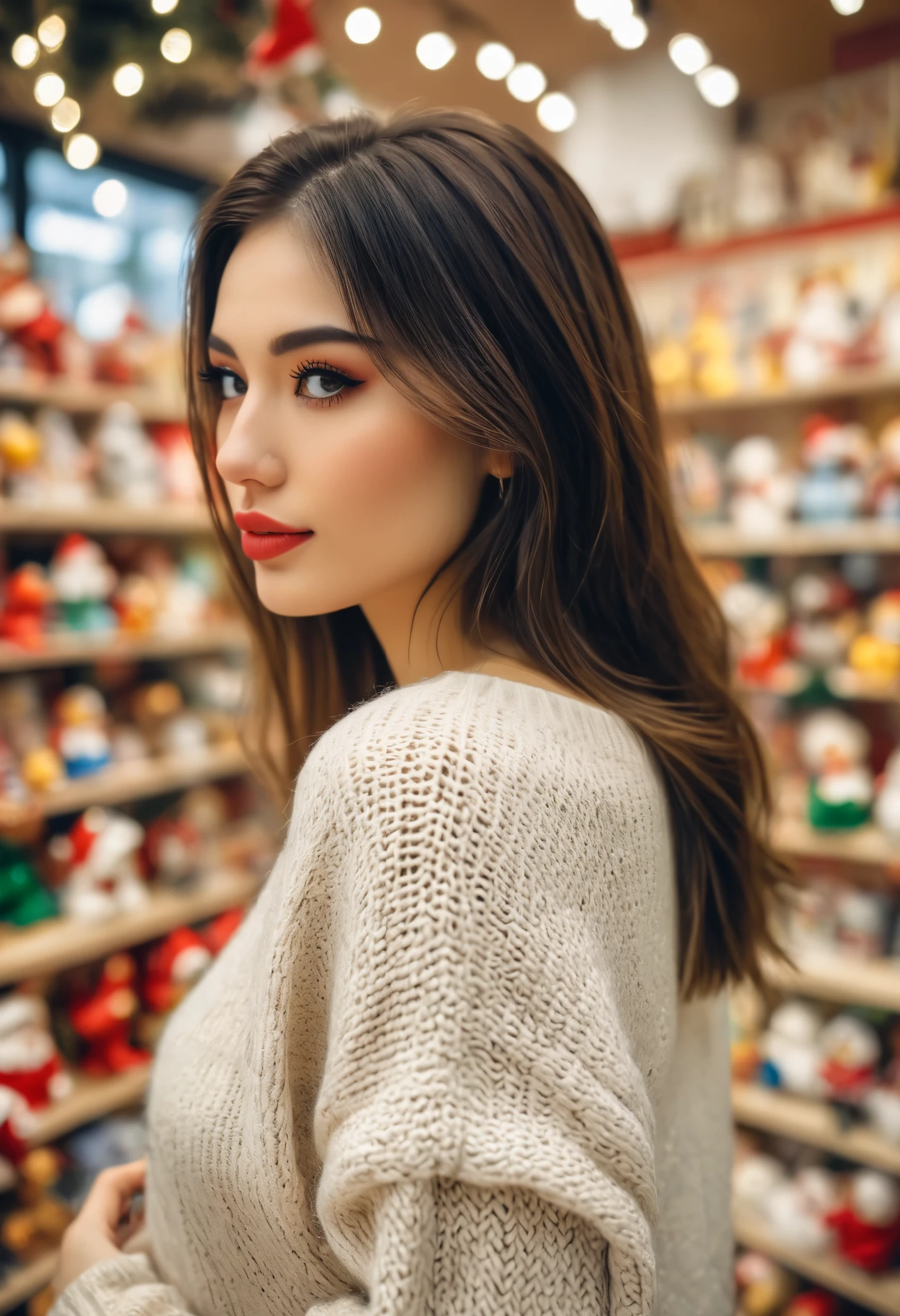 a realistic side-view portrait of a beautiful girl with standing in a toy store, close-up shot, (photo shot with Iphone), Instagram model,  (detailed beautiful face), back eyes, pretty makeup, she wearing an sweater, Christmas theme, cozy atmosphere, bokeh, diffused light, soft focus, depth of field, intricate detail