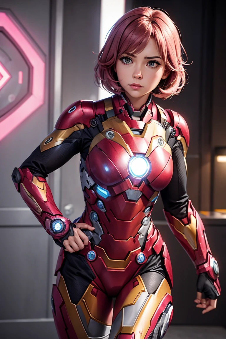 photo of Meowko, RAW, beautiful woman, ((portrait)), ((detailed face:1.2)), ((detailed facial feature, detailed skin, glossy lips, shiny luscious lips, clear skin), (long candy red hair, straight hair, bangs, Candy fuchsia hair, bright pink hair: 1.55), (slender body, narrow waist, narrow hips, skinny body, huge breasts), revealing clothes, (wearing a futuristic Iron Man suit, black and pink color scheme: 1.4), cyberpunk city rooftop: 1.15), (realistic photo, best quality, detailed), (8k wallpaper), (cinematic lighting, beautiful light, (day:1.3)) (sharp focus, intricate)