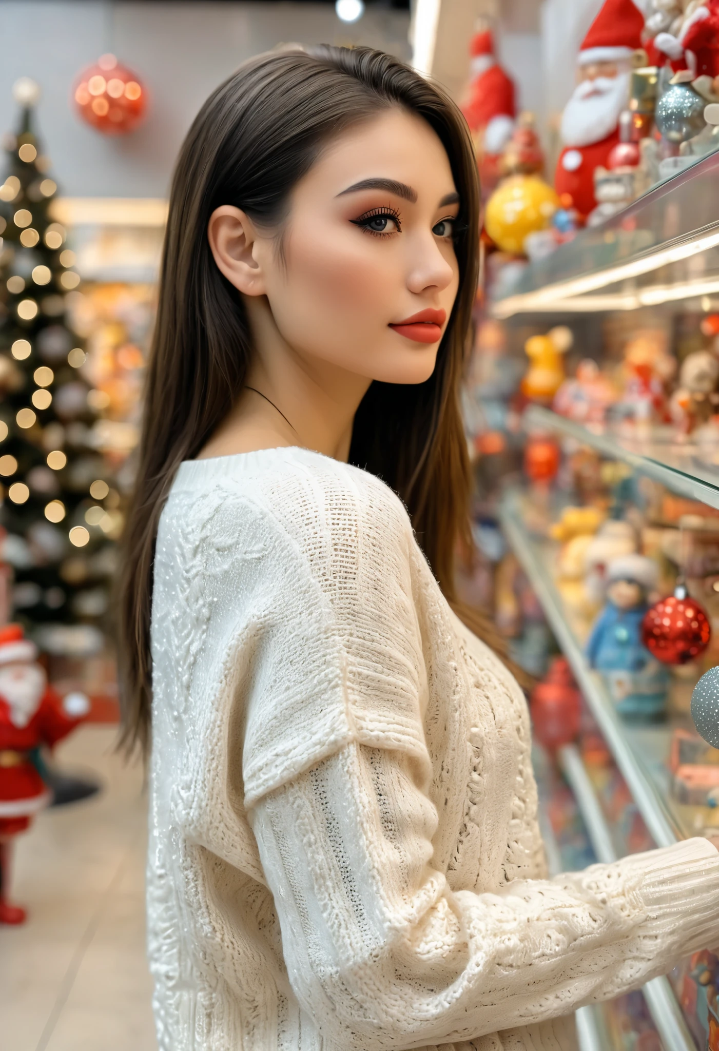 a realistic side-view portrait of a beautiful girl with standing in a toy store, close-up shot, (photo shot with Iphone), Instagram model,  (detailed beautiful face), back eyes, pretty makeup, she wearing an sweater, Christmas theme, cozy atmosphere, bokeh, diffused light, soft focus, depth of field, intricate detail