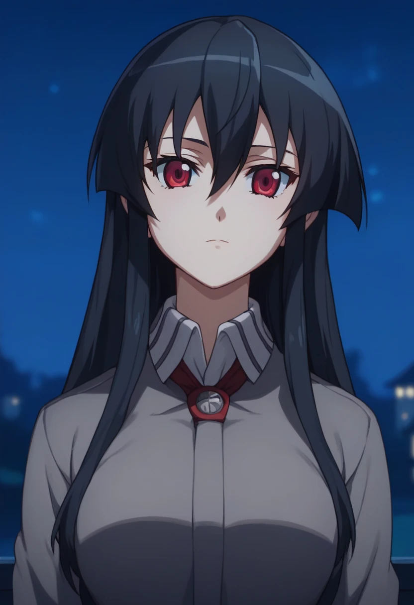 1girl,solo,akame, long hair, black hair, red eyes, hair between eyes,Grey uniform, Shirt, long sleeves , Pants,looking at viewer, (Upper_body),(Focus on her face),blurry background,(Night:1.7), Japan, Tokyo, CityView, Before Window,Standing at attention