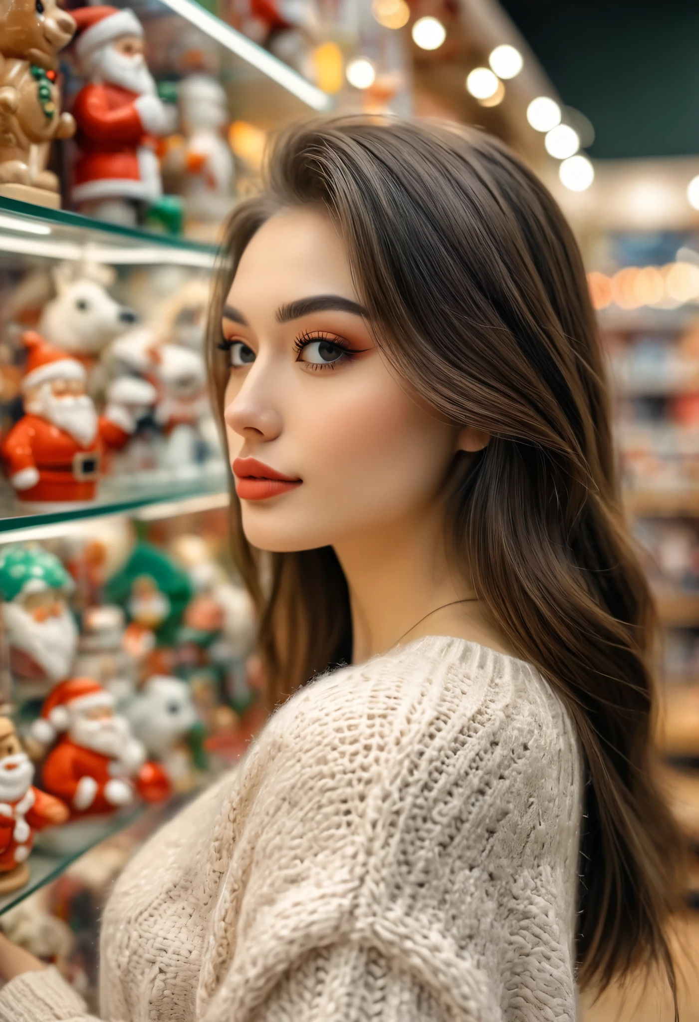 a realistic side-view portrait of a beautiful girl with standing in a toy store, close-up shot, (photo shot with Iphone), Instagram model,  (detailed beautiful face), back eyes, pretty makeup, she wearing an sweater, Christmas theme, cozy atmosphere, bokeh, diffused light, soft focus, depth of field, intricate detail