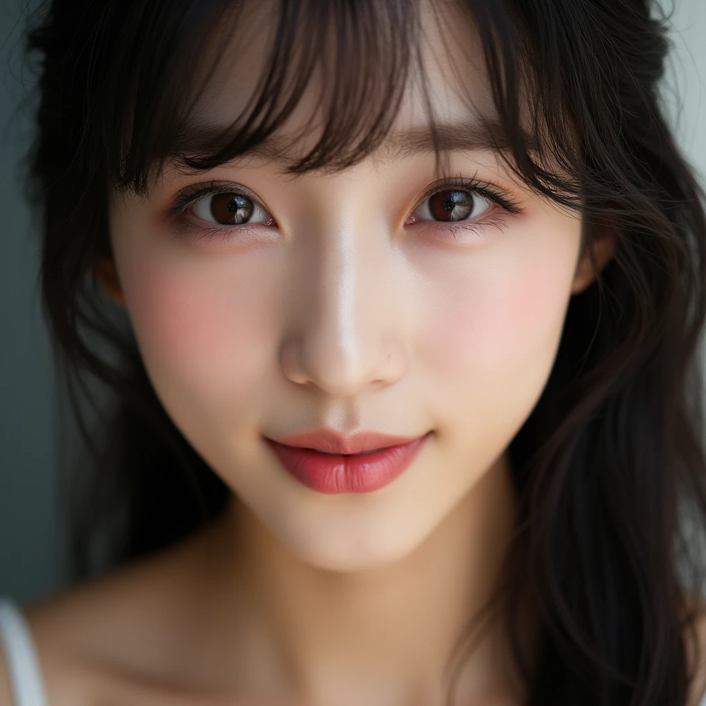 Close-up portrait, a mesmerizingly enchanting smiling young East-Asian woman with bangs, beautiful detailed eyes,long hair, hair down, beautiful detailed lips, extremely detailed eyes and face, long eyelashes, 1 beautiful japanese woman, realistic, photorealistic, photo-realistic:1.37, highly detailed skin, realistic body proportions, large breasts, large buttocks, white bikini, full body, best quality, 4k, 8k, highres, masterpiece:1.2, ultra-detailed, realistic, vivid colors, studio lighting, HDR, UHD, physically-based rendering, sharp focus,mysterious gazing,sexy looking , mouth softly opened,