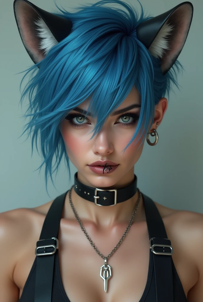 (masterpieve, best quality), a woman with colorful hair, wolf girl, wolf ears, blue eyes, realistic, high detail, cute, beautiful young girl, soft makeup, black bra top, tattoos, long nails, selfie, short hair, necklace --auto