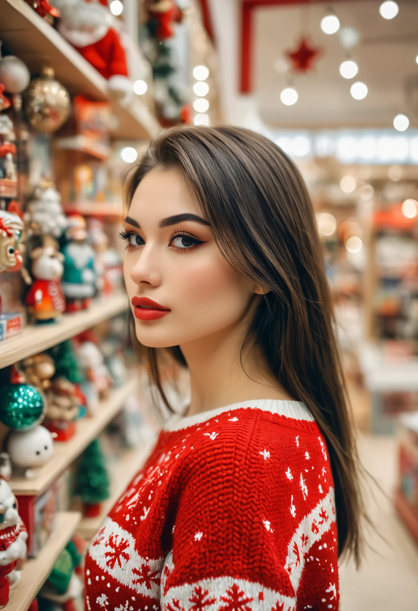 a realistic side-view portrait of a beautiful girl with standing in a toy store, close-up shot, (photo shot with Iphone), Instagram model,  (detailed beautiful face), back eyes, pretty makeup, she wearing an sweater, Christmas theme, cozy atmosphere, bokeh, diffused light, soft focus, depth of field, intricate detail